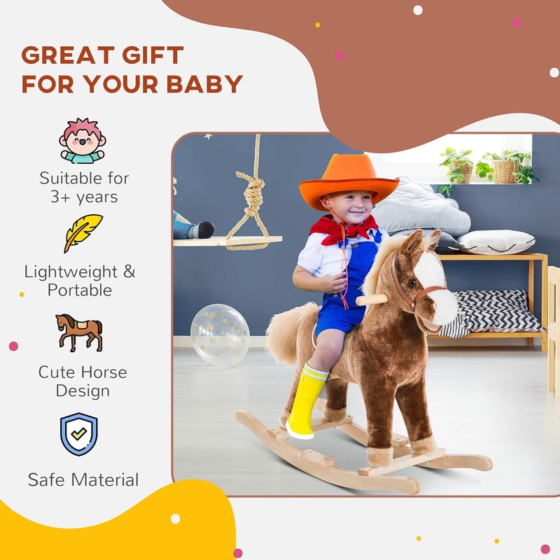 Qaba Kids Rocking Horse, Plush Toddler Rocker, Wooden Base Ride-On Toy with Handle Grip, Traditional Toy for Kids 36M+, Brown - Image 3